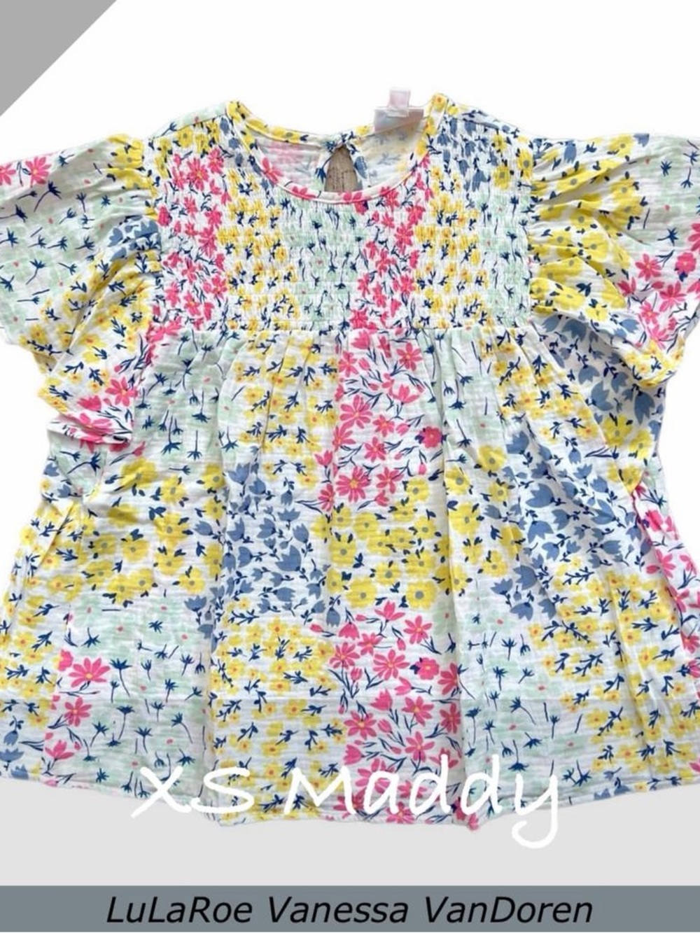 LuLaRoe Maddy Floral Smocked Top - Yellow, Pink & Blue
